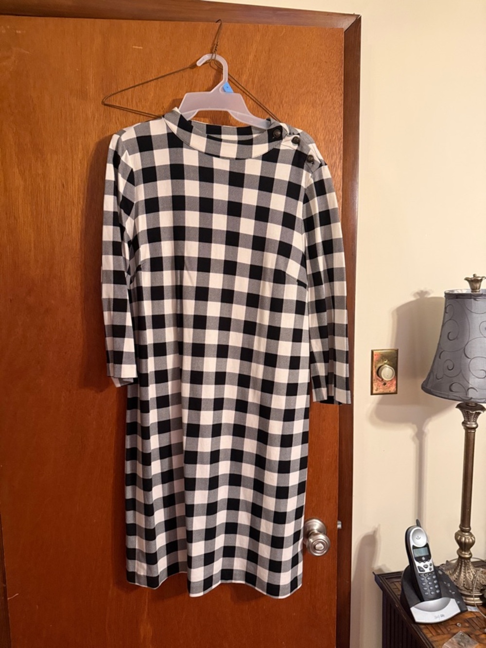 Talbots Black and White Gingham Midi Dress with Button-Shoulder